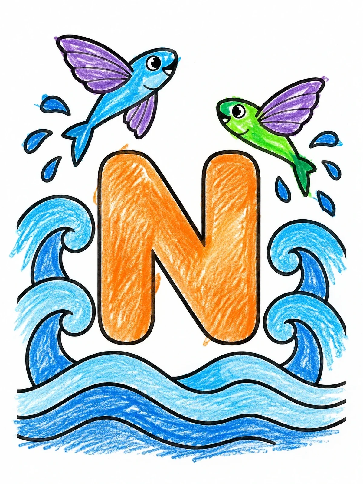 Colored example of the Letter N With Flying Fish coloring page