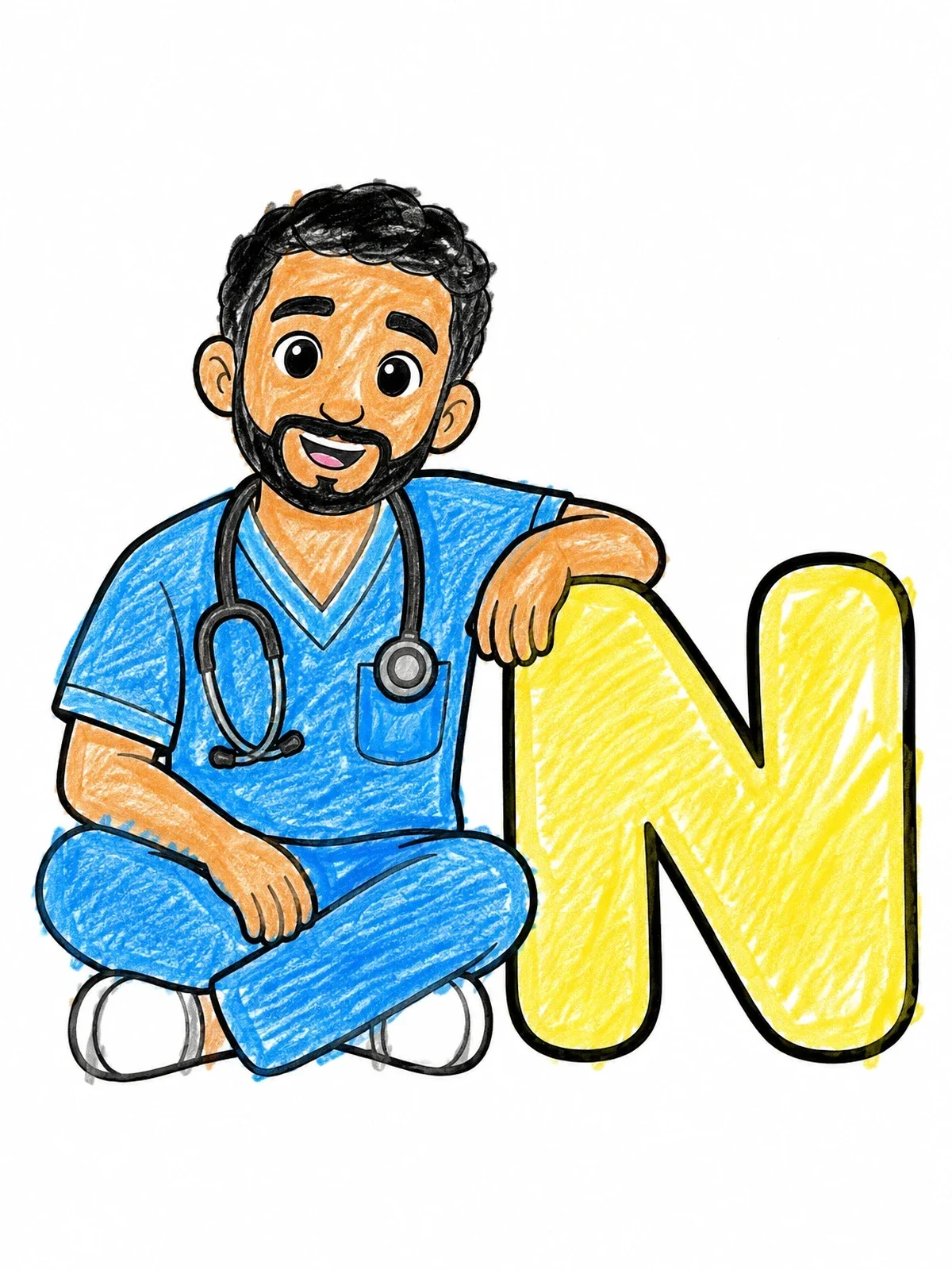 Colored example of the Friendly Nurse With Letter N coloring page