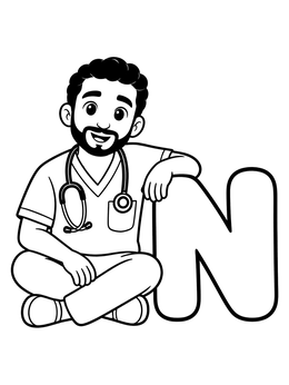 Free printable Friendly Nurse With Letter N coloring page