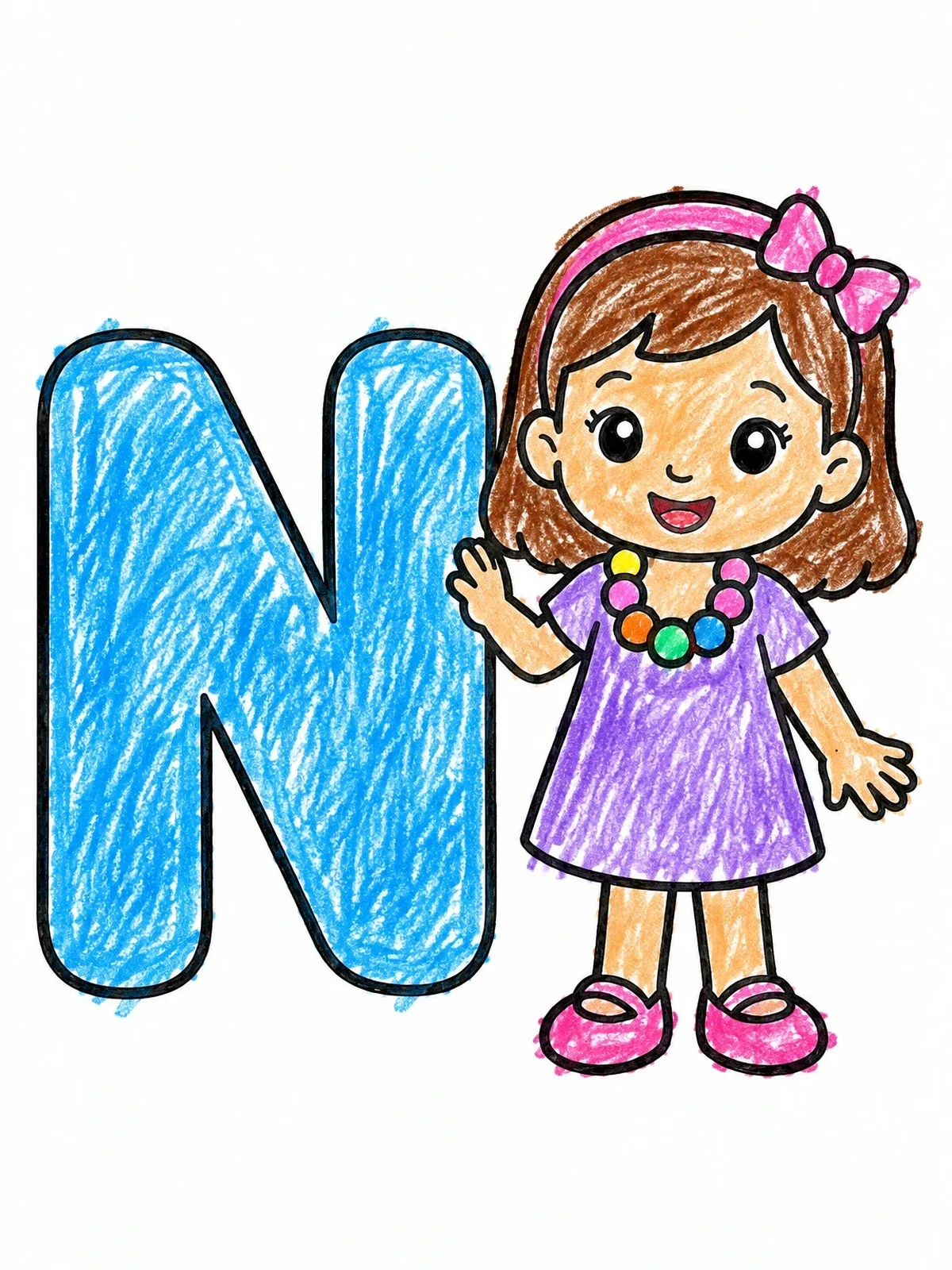 Colored example of the Letter N With Cute Girl And Necklace coloring page