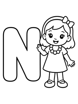 Free printable Letter N With Cute Girl And Necklace coloring page