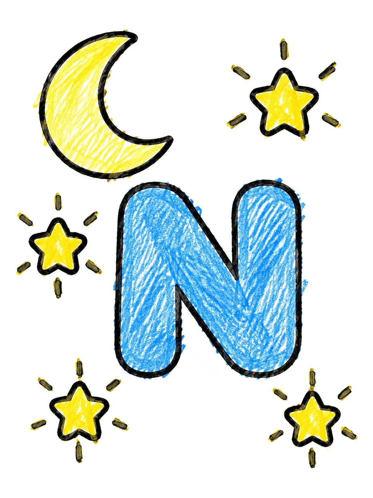 Colored example of the Letter N With Moon And Stars coloring page
