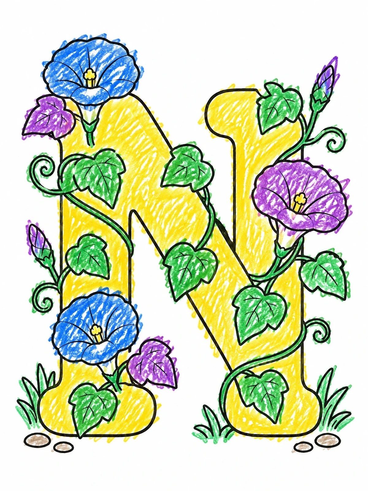 Colored example of the Letter N With Floral Vines coloring page