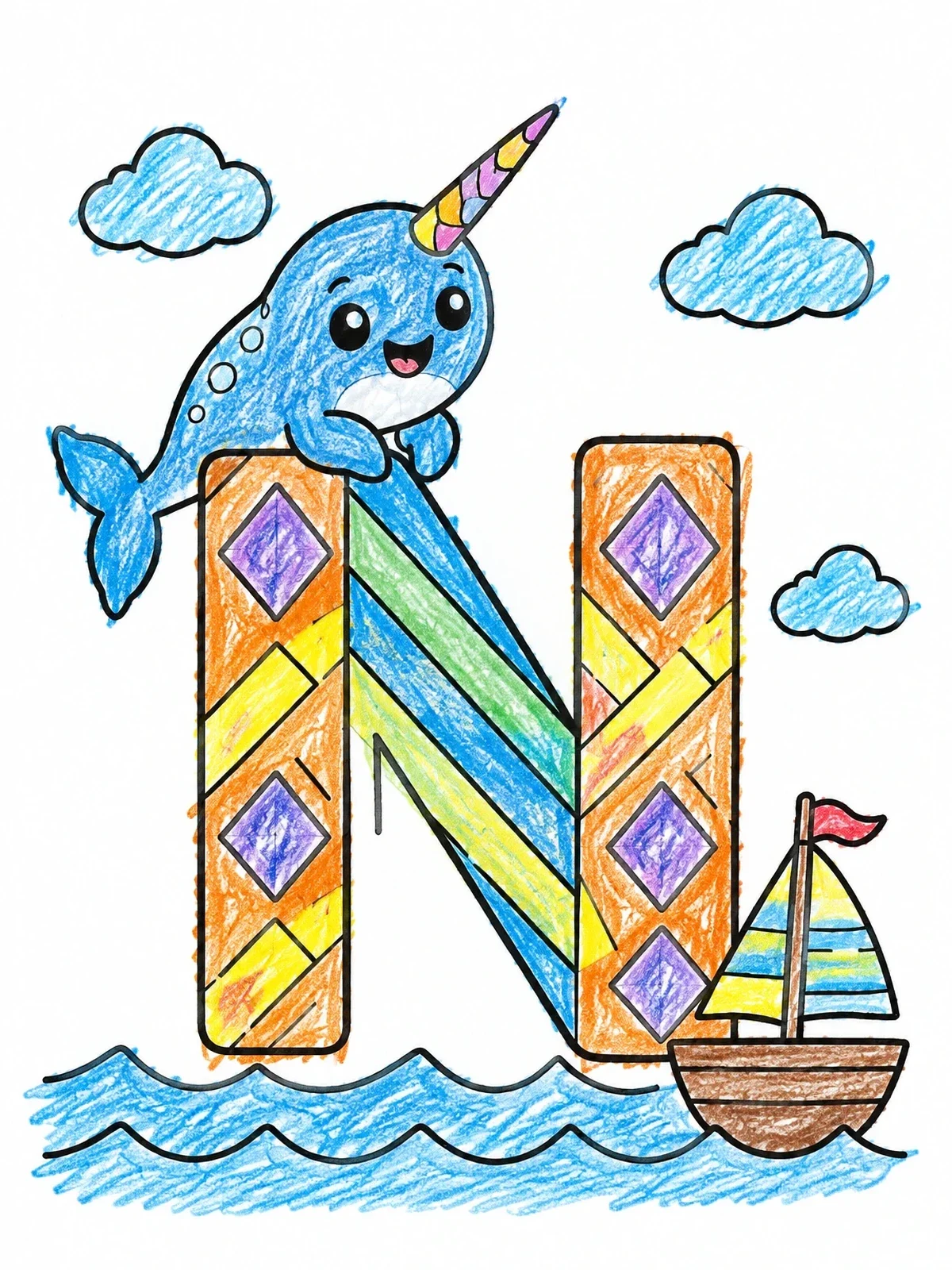 Colored example of the Letter N With Cute Narwhal coloring page