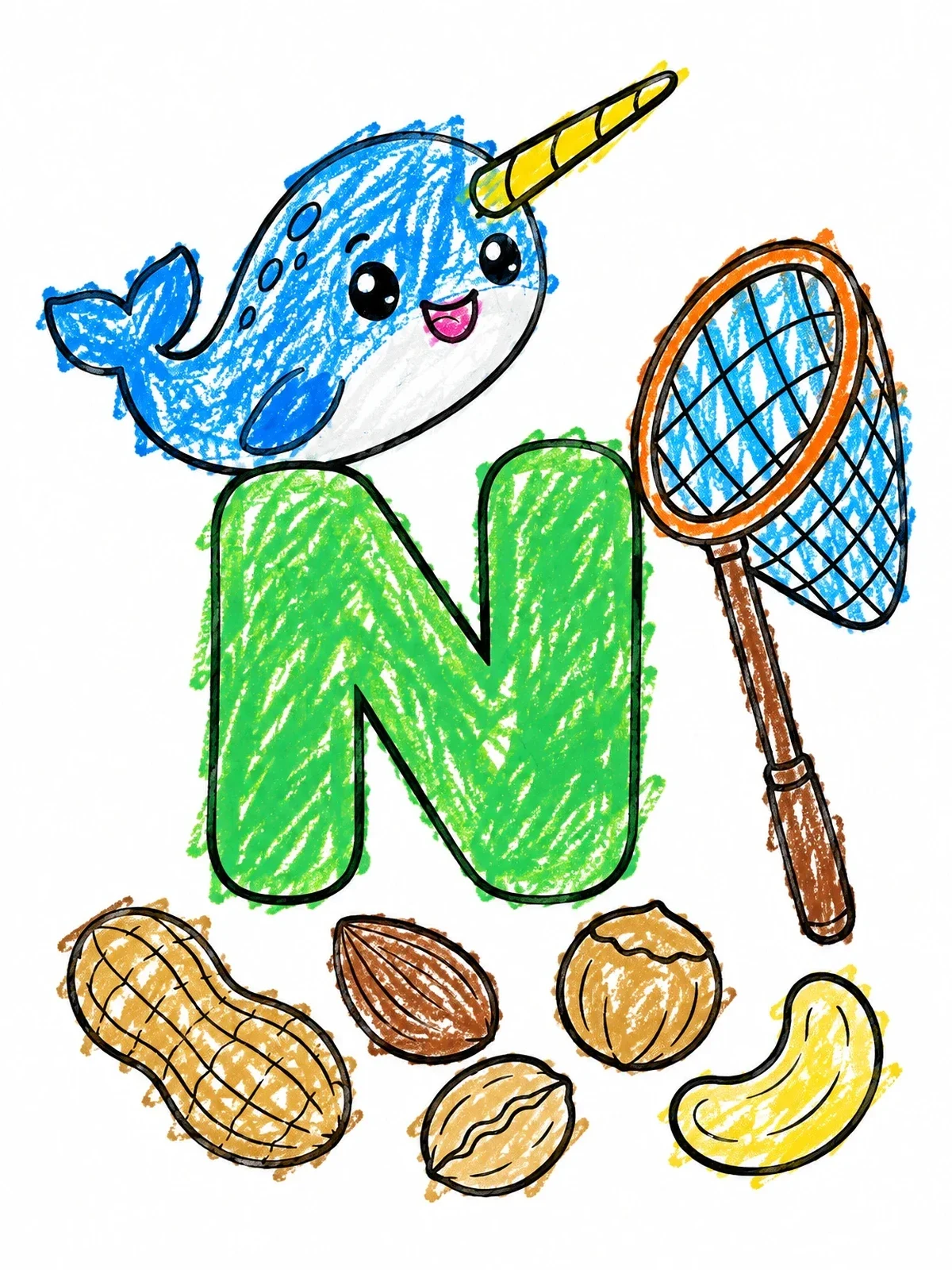 Colored example of the Letter N With Narwhal, Net, And Nuts coloring page