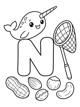Free printable Letter N With Narwhal, Net, And Nuts coloring page