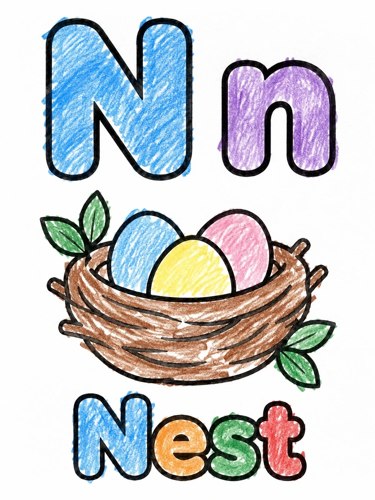 Colored example of the Letter N Nest With Eggs coloring page