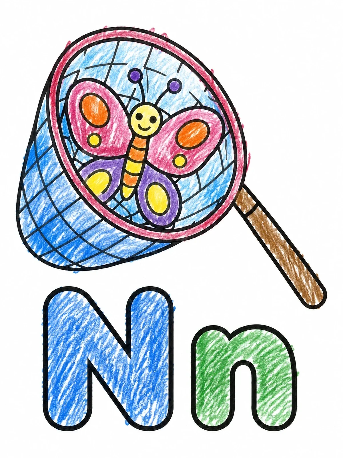 Colored example of the Letter N Net And Butterfly coloring page