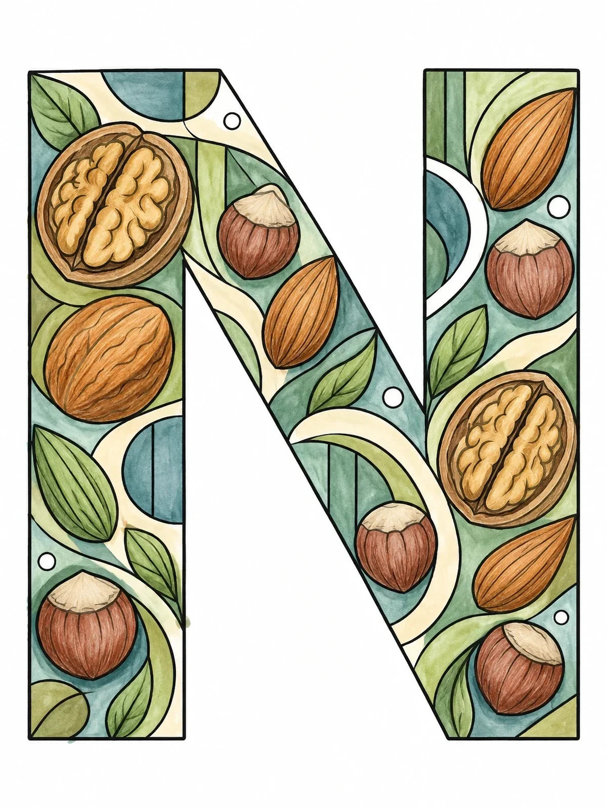 Colored example of the Letter N With Assorted Nuts Pattern coloring page