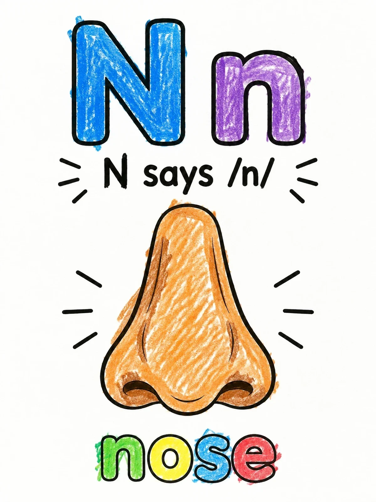 Colored example of the Letter N Phonics With Nose coloring page