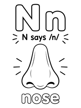 A phonics worksheet and nose coloring page featuring the letter N and a cartoon nose.