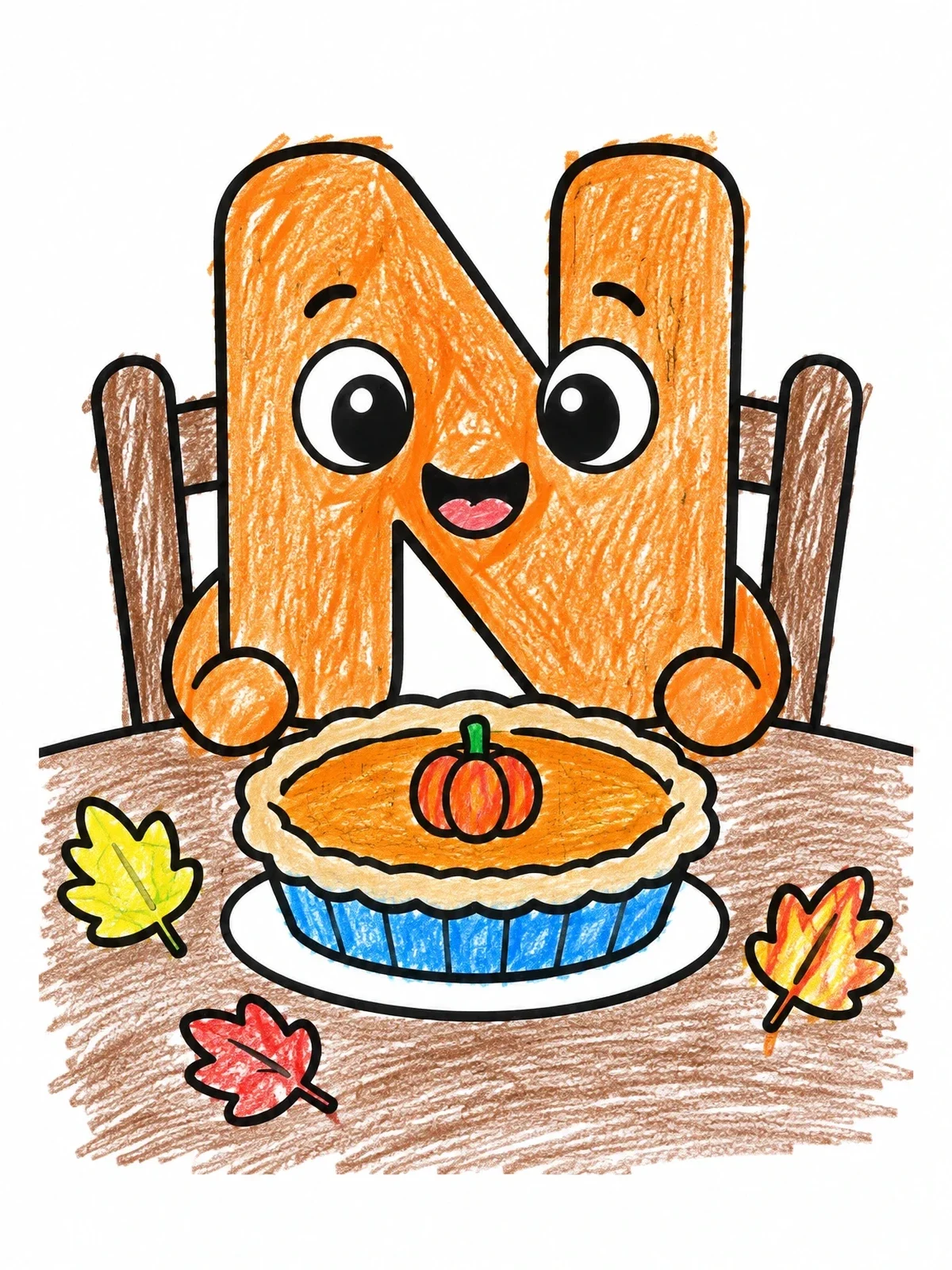 Colored example of the Letter N At Thanksgiving Table coloring page