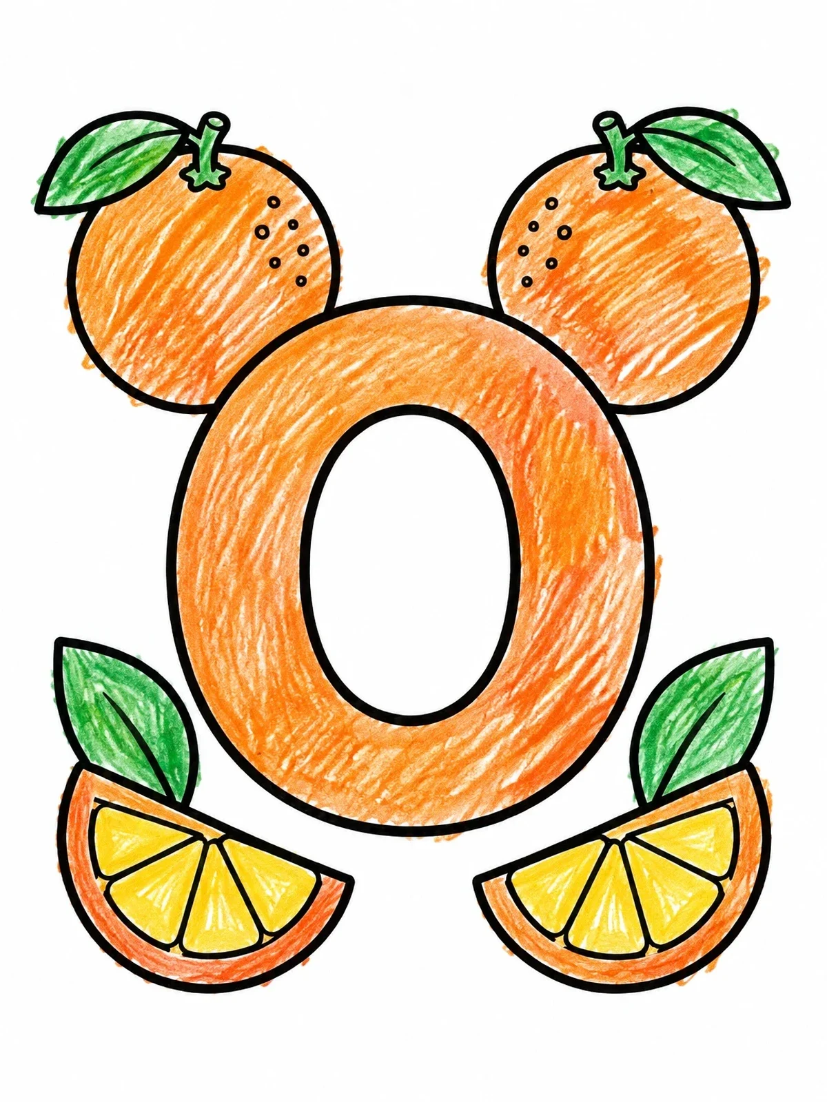Colored example of the Letter O With Fresh Oranges coloring page