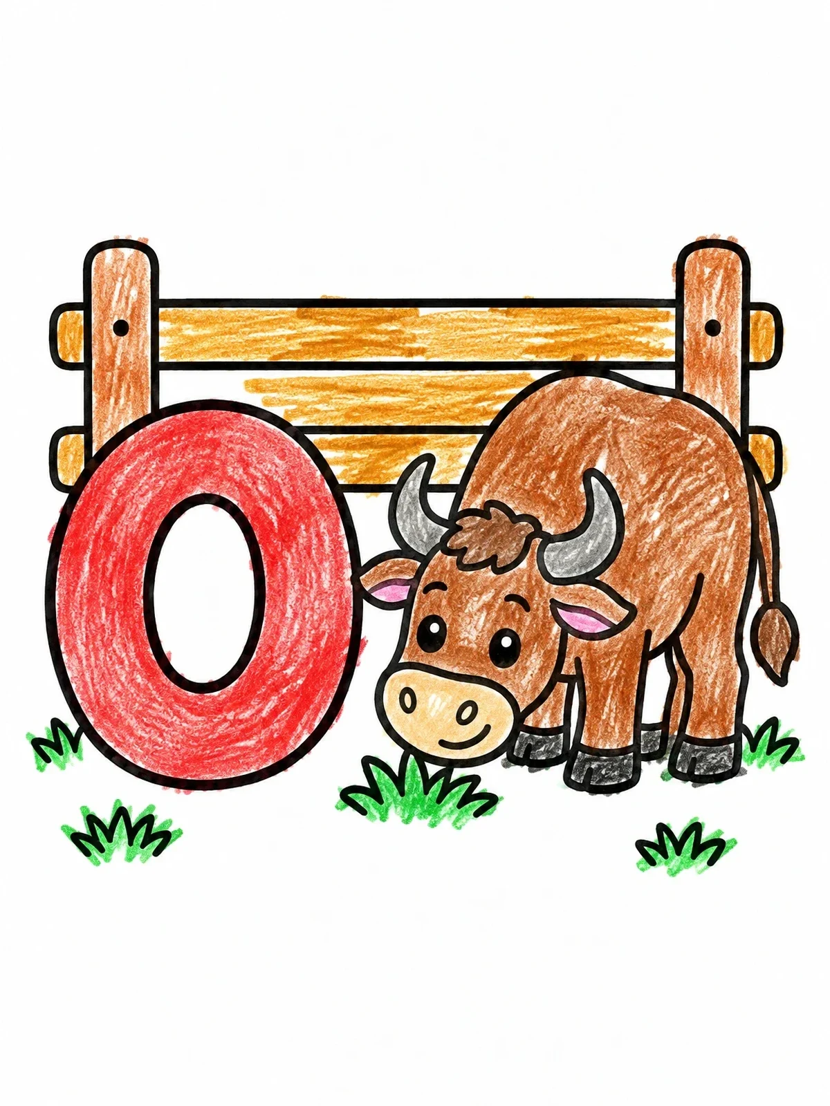 Colored example of the Letter O With Friendly Grazing Ox coloring page
