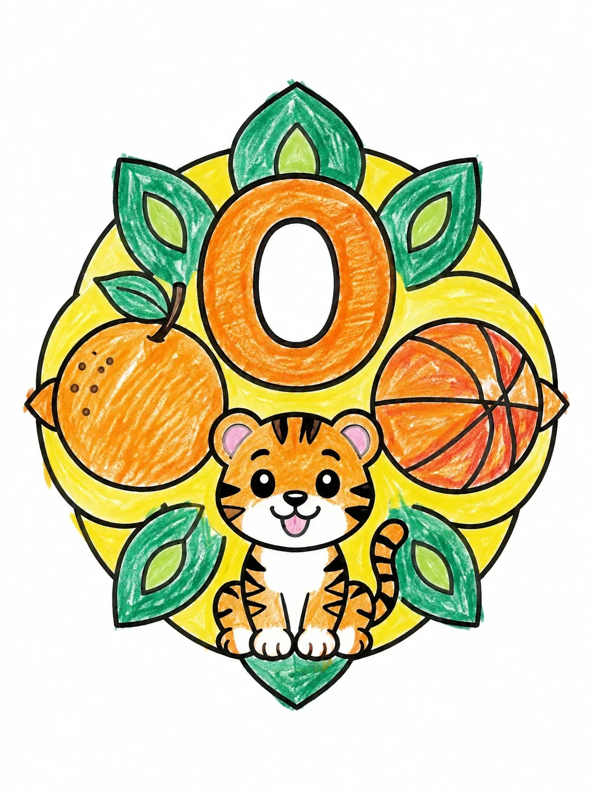 Colored example of the Letter O With Orange Fruit And Tiger coloring page