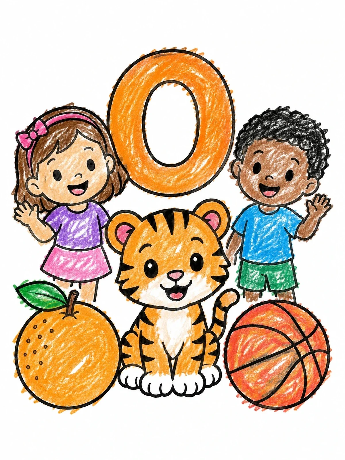 Colored example of the Letter O With Orange Fruit And Tiger coloring page