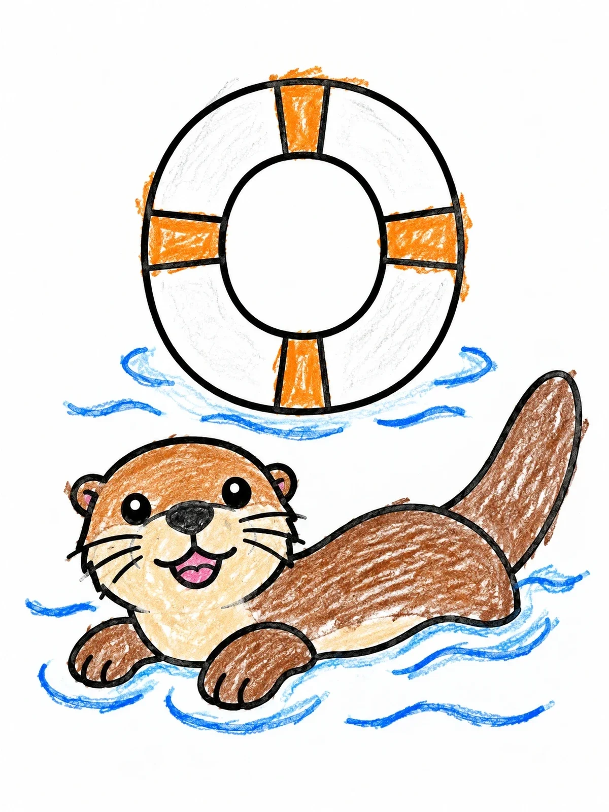 Colored example of the Otter Swimming Near Letter O Lifebuoy coloring page