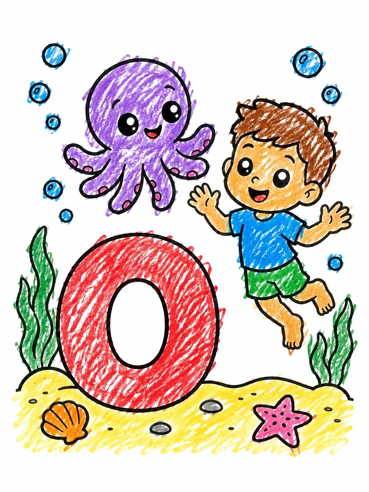 Colored example of the Letter O Underwater With Boy And Octopus coloring page