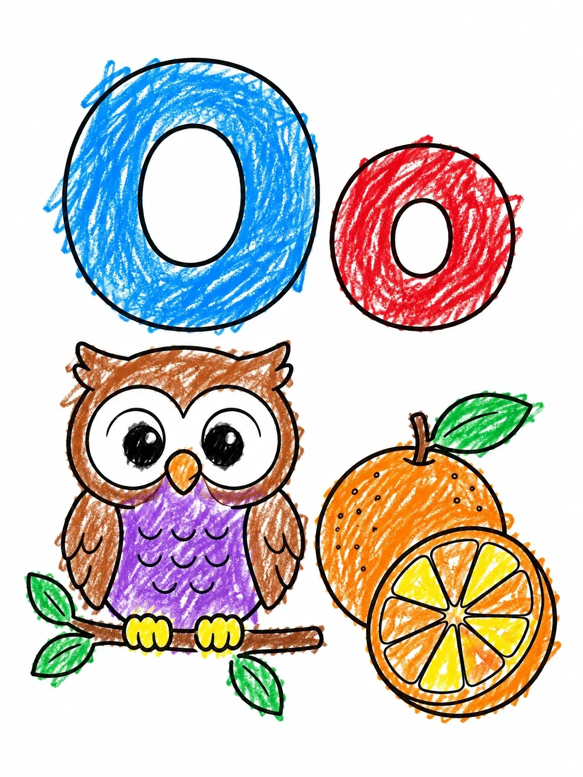 Colored example of the Letter O With Owl And Orange coloring page