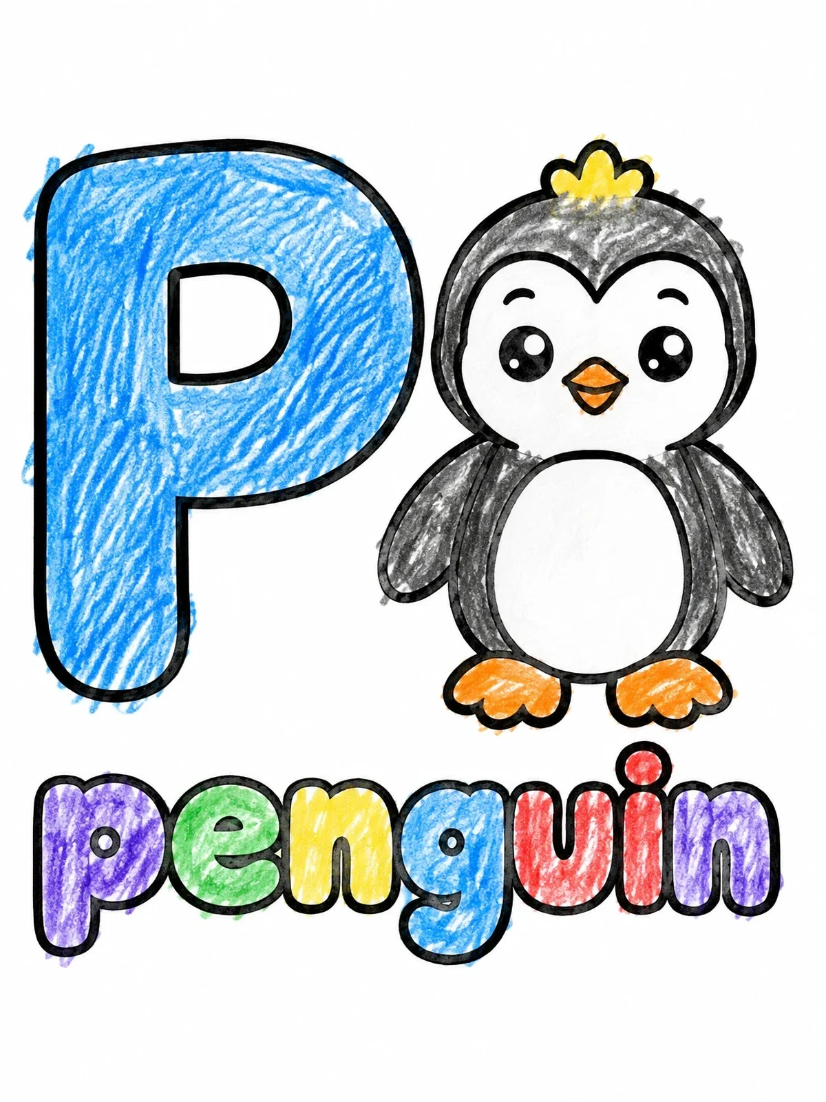 Colored example of the Letter P And Cute Penguin coloring page