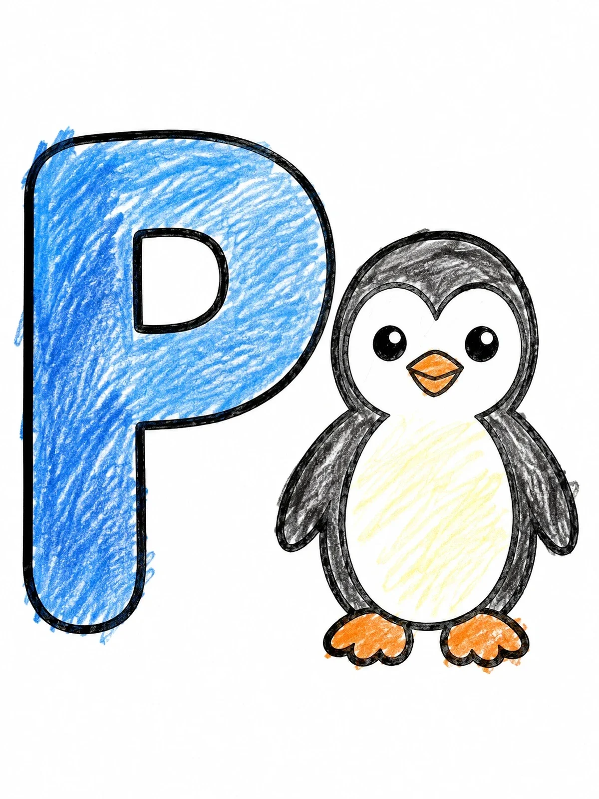 Colored example of the Letter P With Cute Penguin coloring page