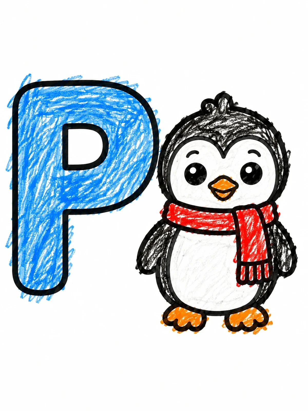Colored example of the Letter P With Cute Penguin coloring page