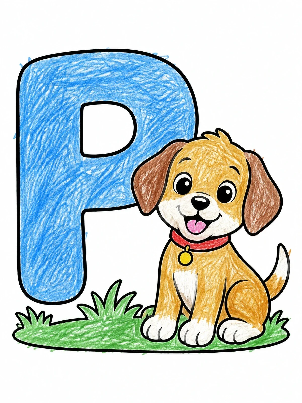 Colored example of the Cute Puppy And Capital Letter P coloring page