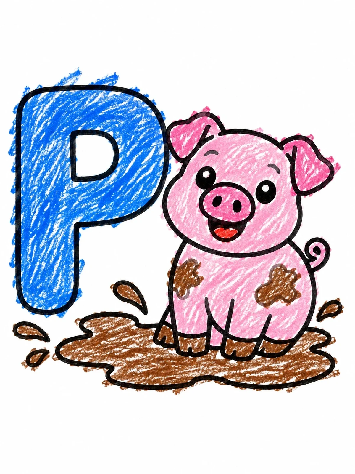 Colored example of the Letter P With Happy Piglet coloring page
