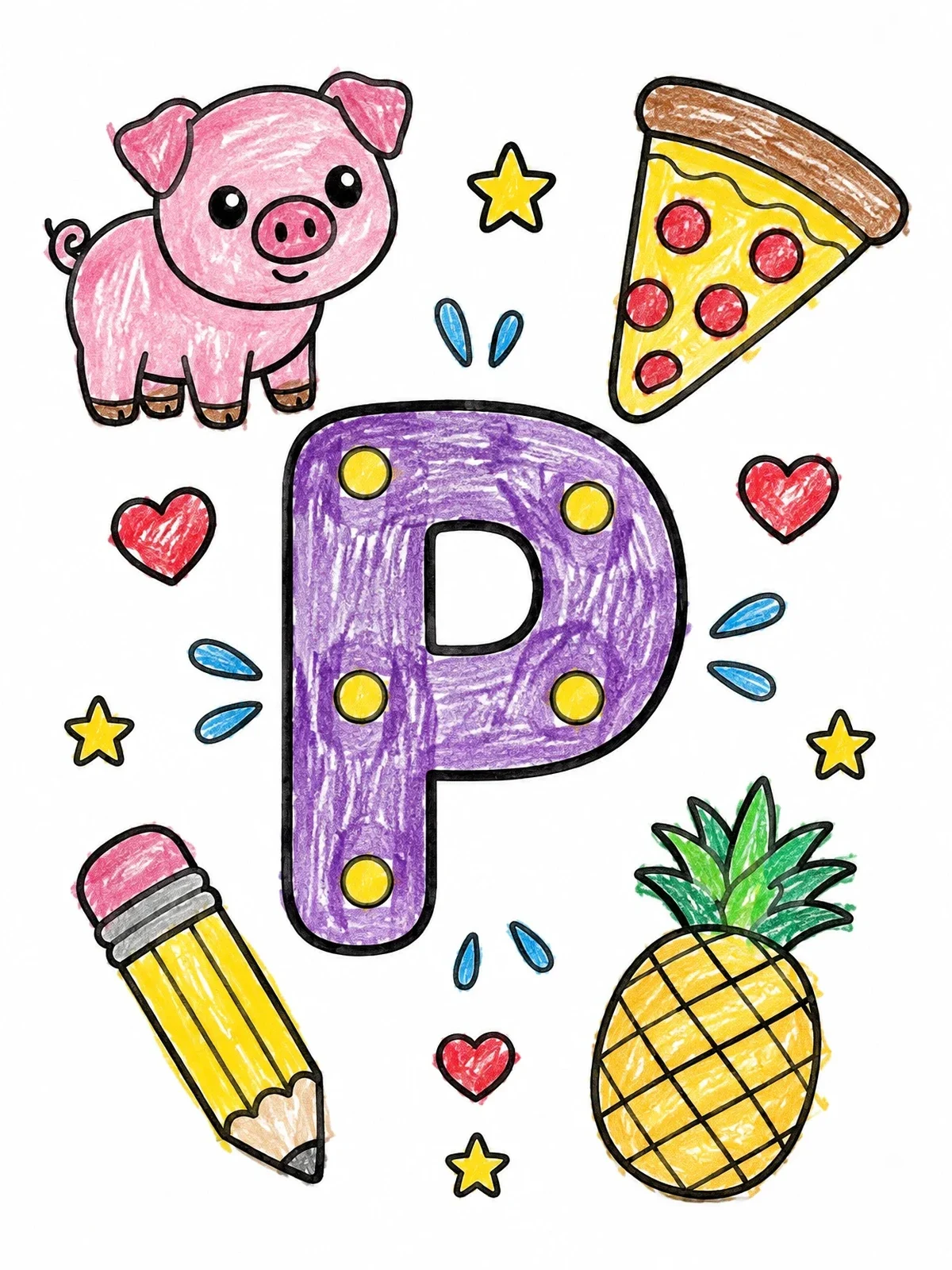 Colored example of the Letter P With Pig, Pizza, And Pineapple coloring page