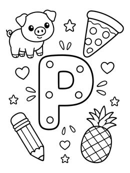 Free printable Letter P With Pig, Pizza, And Pineapple coloring page