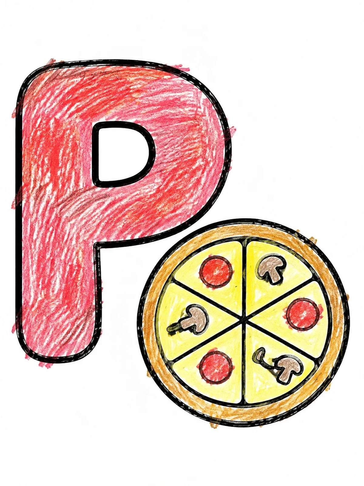 Colored example of the Capital Letter P And Sliced Pizza coloring page