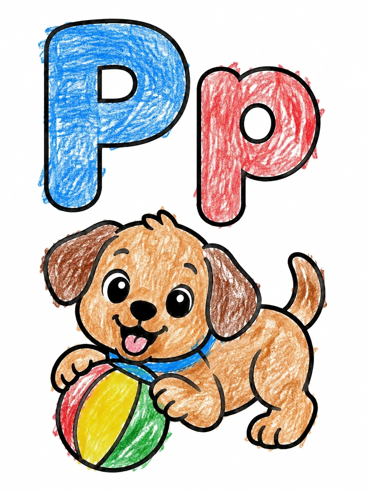 Colored example of the Letter P With Playful Puppy coloring page