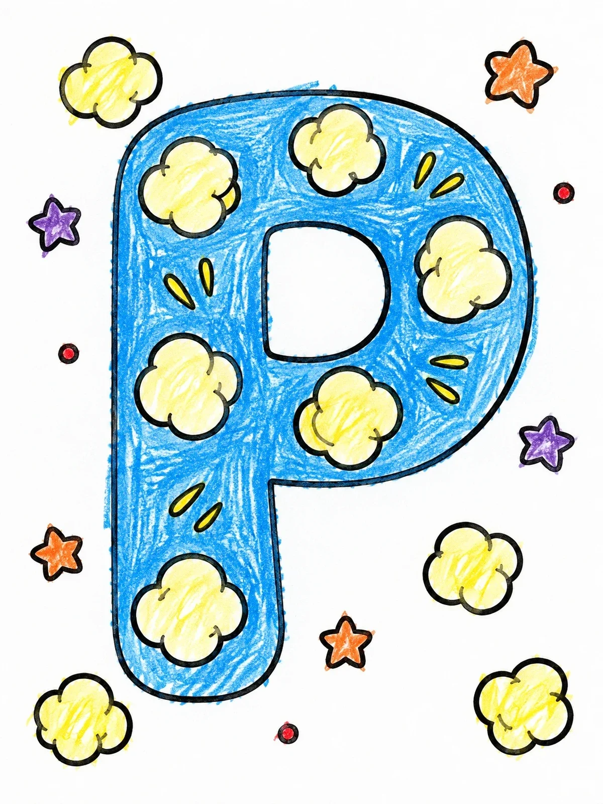 Colored example of the Letter P With Popcorn Clouds And Stars coloring page