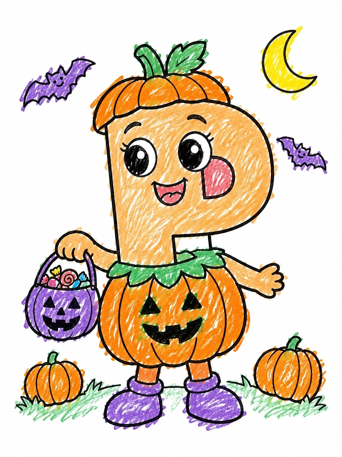 Colored example of the Letter P Halloween Pumpkin Costume coloring page