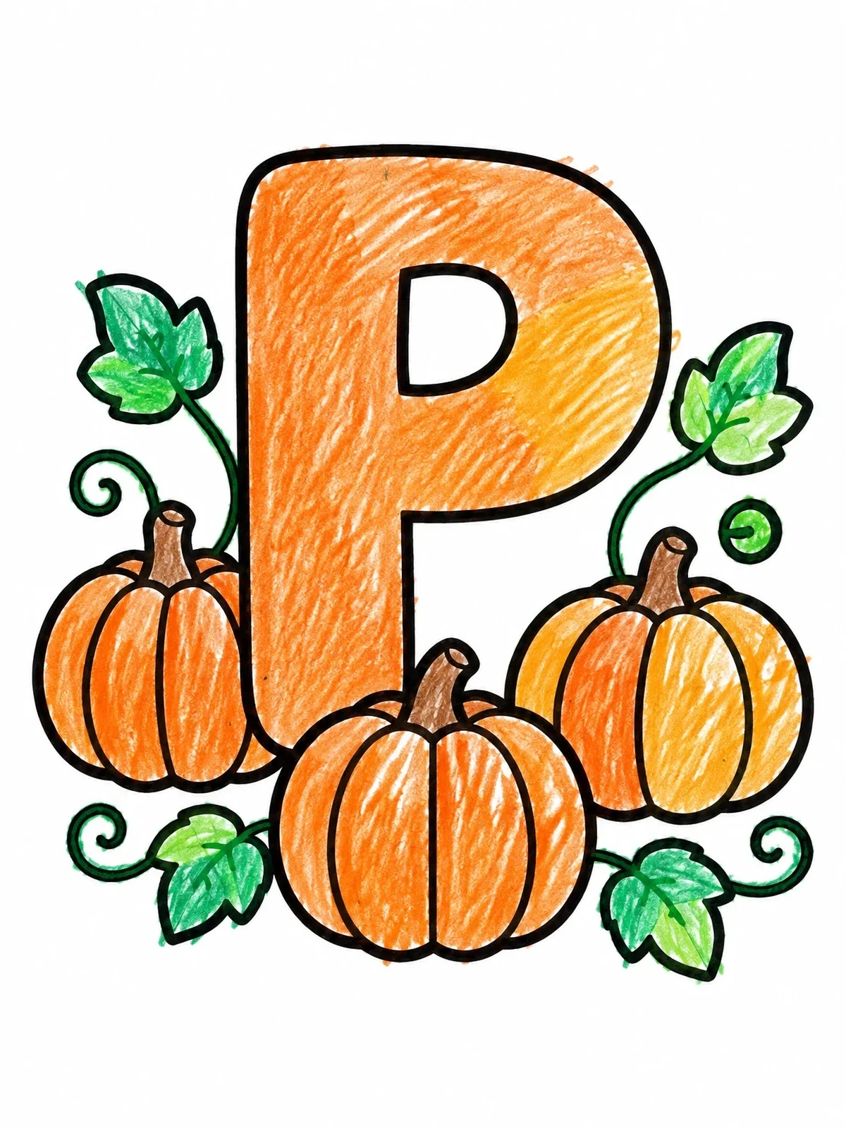 Colored example of the Letter P With Autumn Pumpkins coloring page