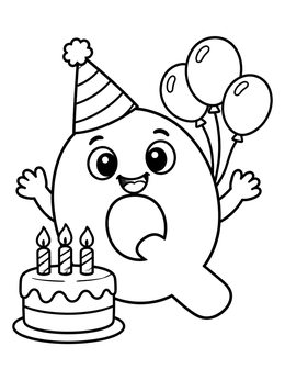 A cheerful letter Q coloring page featuring a birthday cake, balloons, and a party hat.