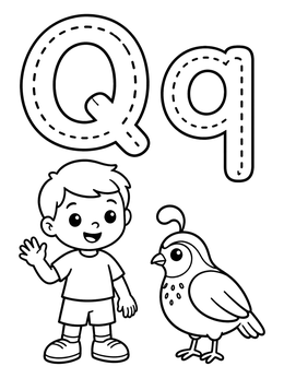 Free printable Letter Q With Boy And Quail coloring page
