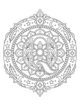 An intricate letter Q coloring page surrounded by stars, feathers, and floral mandala patterns.