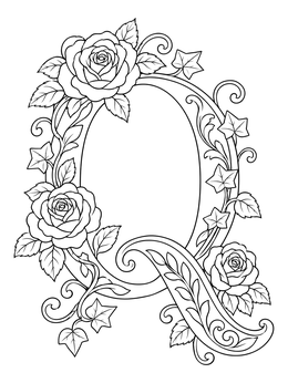 An ornate letter Q coloring page decorated with elegant blooming roses and climbing ivy vines.