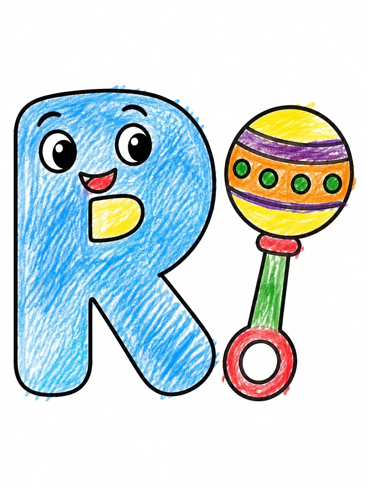 Colored example of the Cute Letter R With Baby Rattle coloring page