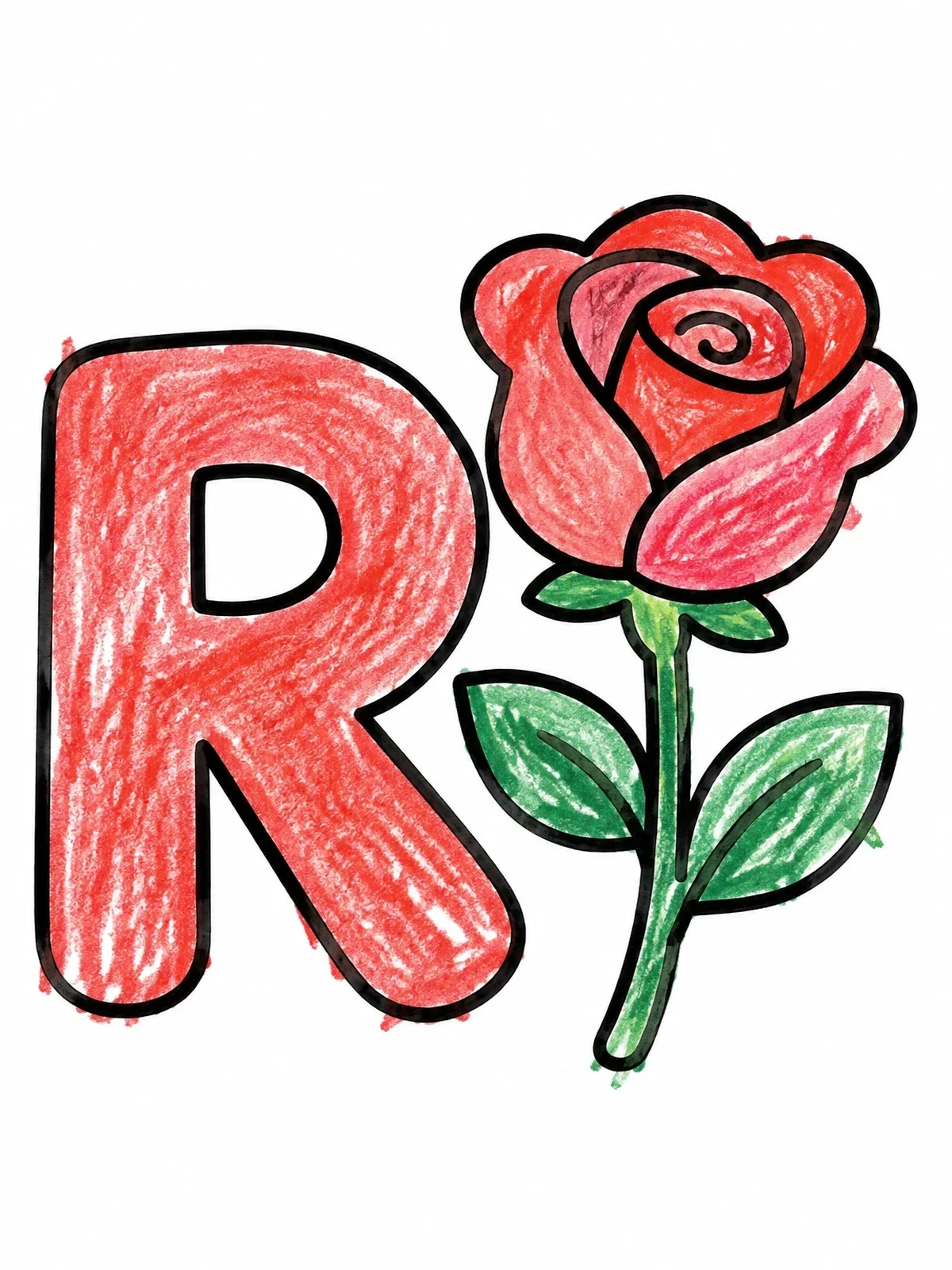 Colored example of the Letter R With Blooming Rose coloring page