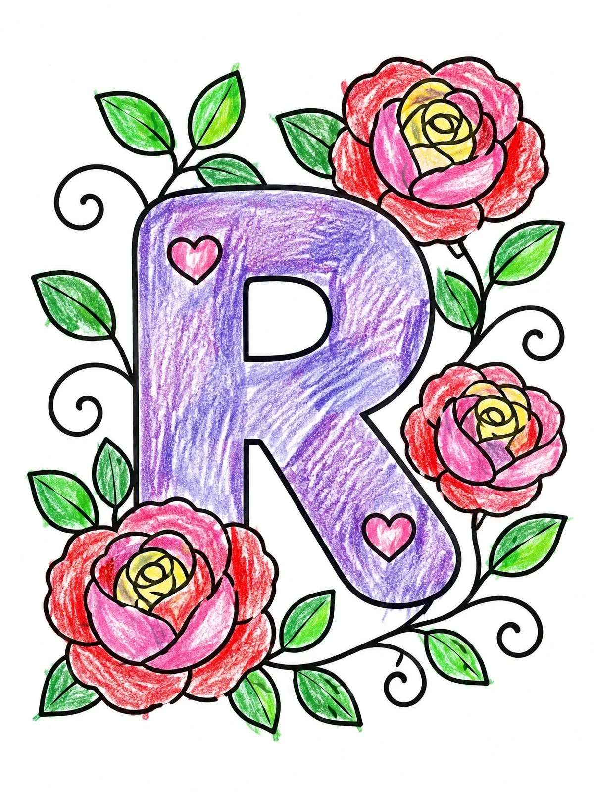 Colored example of the Letter R With Blooming Roses coloring page