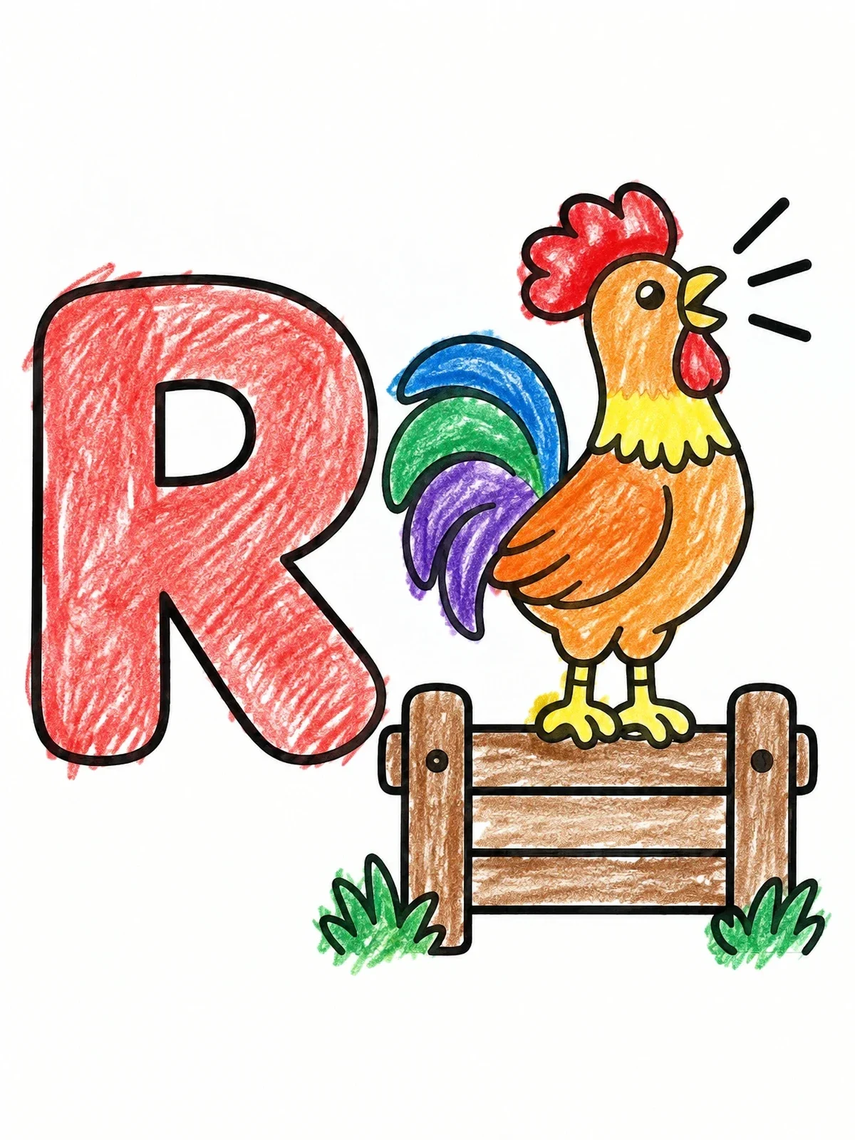 Colored example of the Letter R With Crowing Rooster coloring page