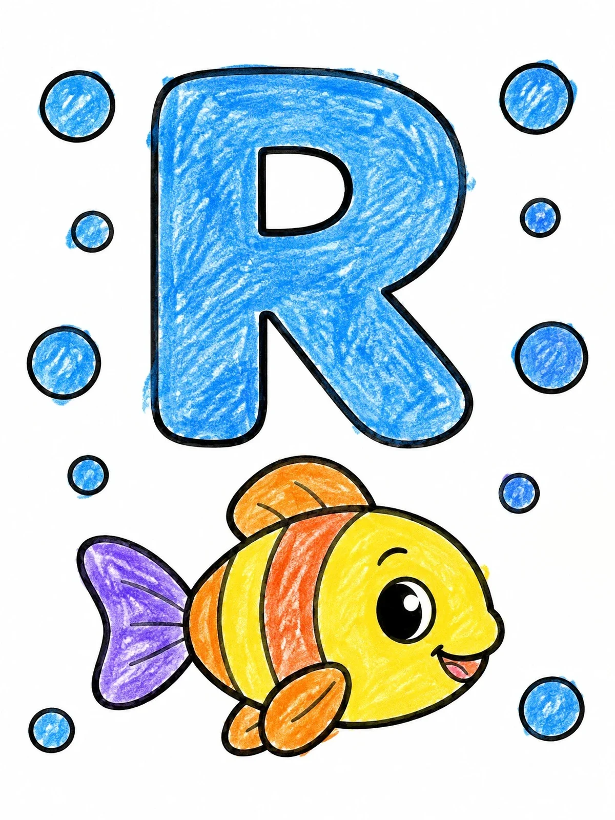 Colored example of the Letter R With Cute Little Fish coloring page