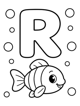 Free printable Letter R With Cute Little Fish coloring page