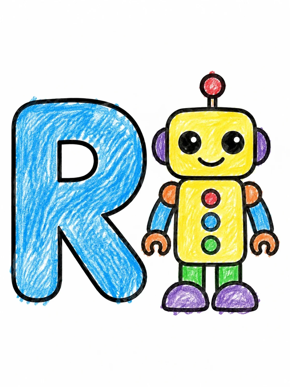 Colored example of the Capital Letter R With Toy Robot coloring page