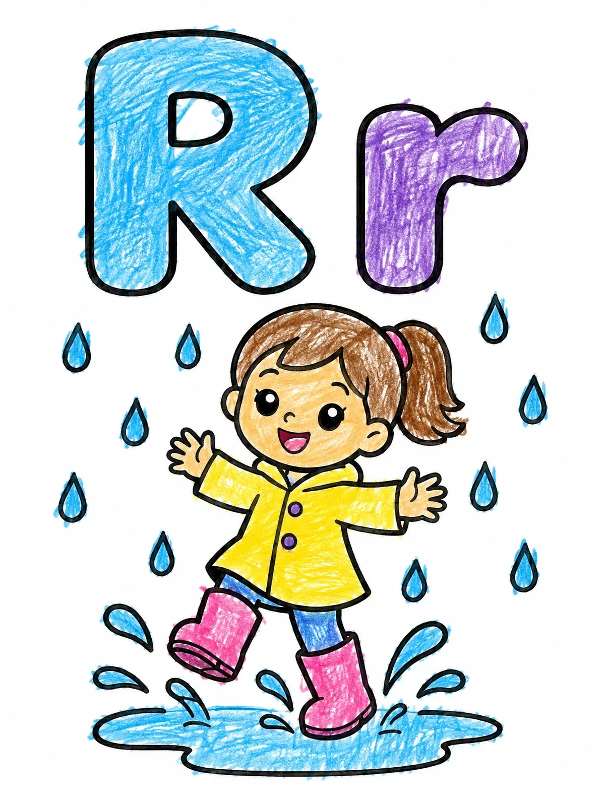 Colored example of the Letter R With Girl Splashing In Rain coloring page