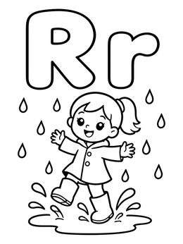 Free printable Letter R With Girl Splashing In Rain coloring page