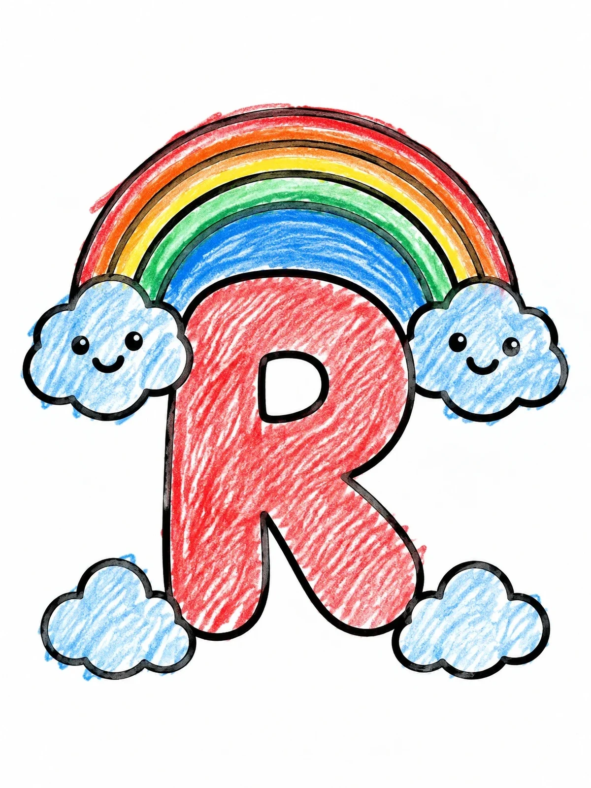 Colored example of the Letter R With Rainbow And Clouds coloring page