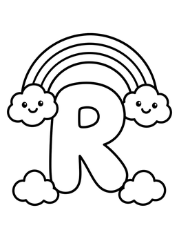 Free printable Letter R With Rainbow And Clouds coloring page